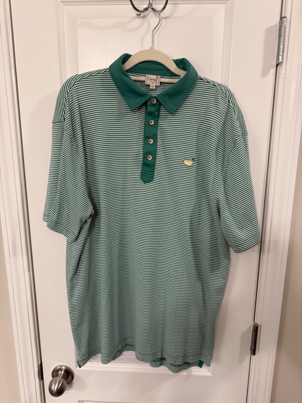 Masters Green Striped Polo with Dark Green Contrast Collar
